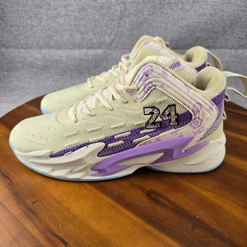 Mens Number 24 Basketball Shoes Cream Purple‎ Paisley Floral Sneakers Size 45